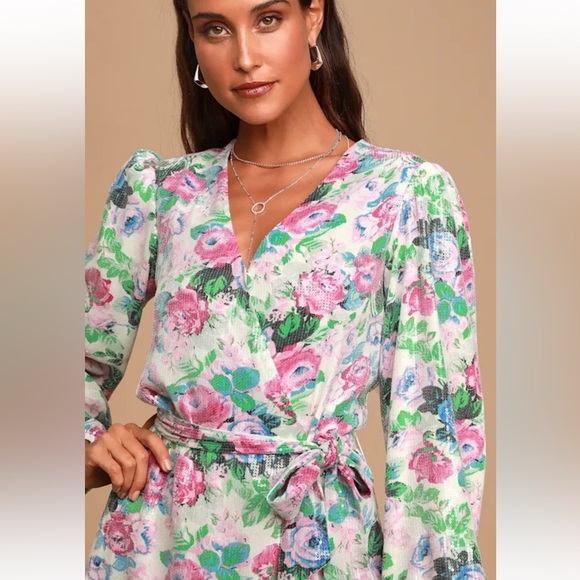 WAYF Loretta White Sequin Floral Print Long Sleeve Wrap Dress - Picture 4 of 11